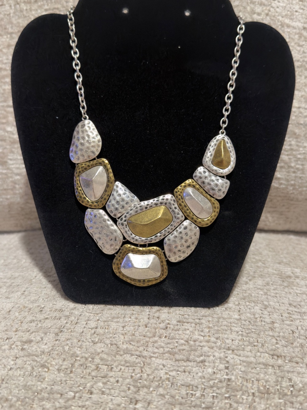 Chico's Silver and Gold Textured Statement Necklace